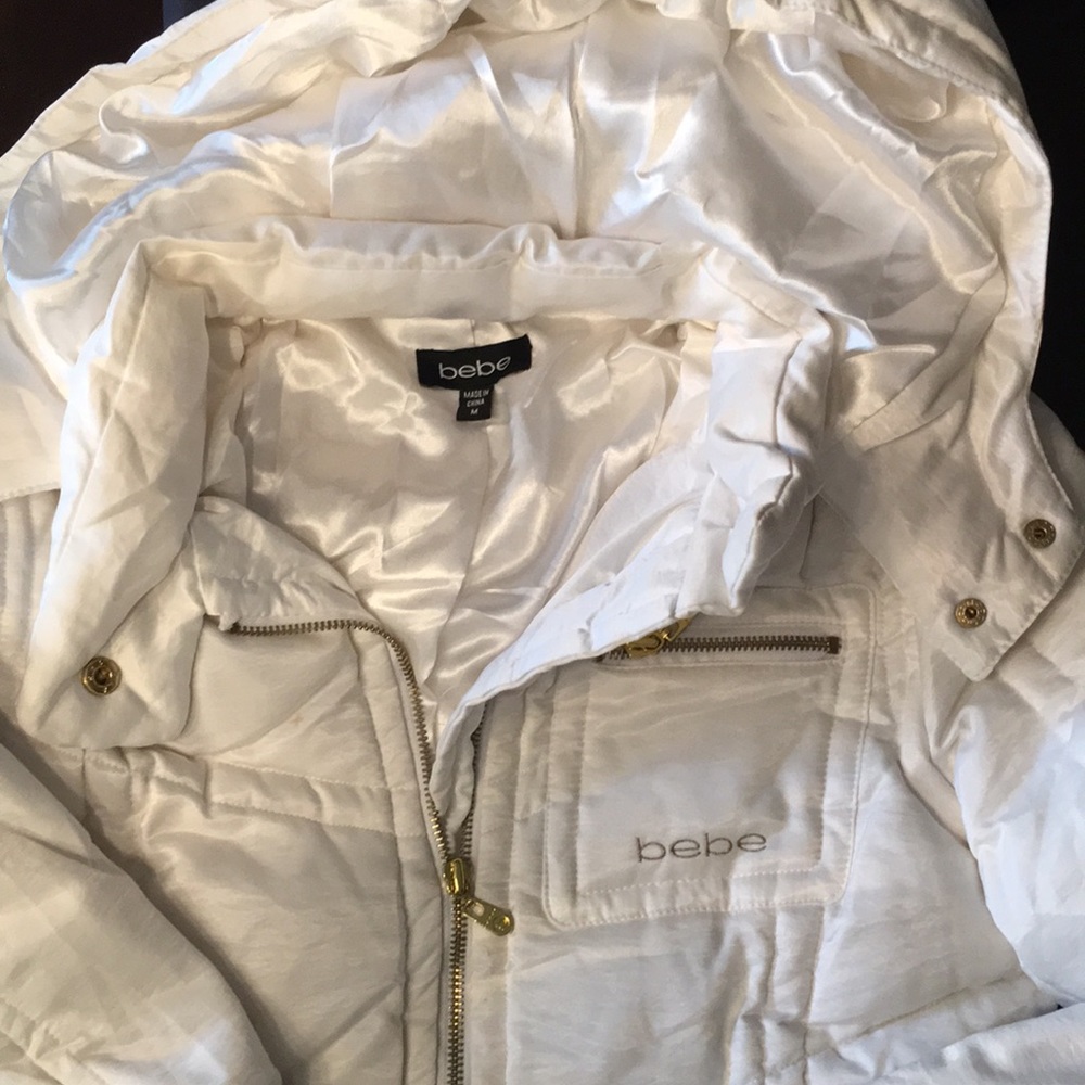 Bebe white long puffer, size M